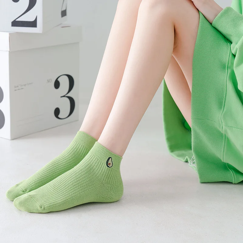 5 Pairs Women Spring And Summer Socks Korean Version Of Small Fresh Avocado Green Socks Thin Striped Shallow Short Socks EU35-39