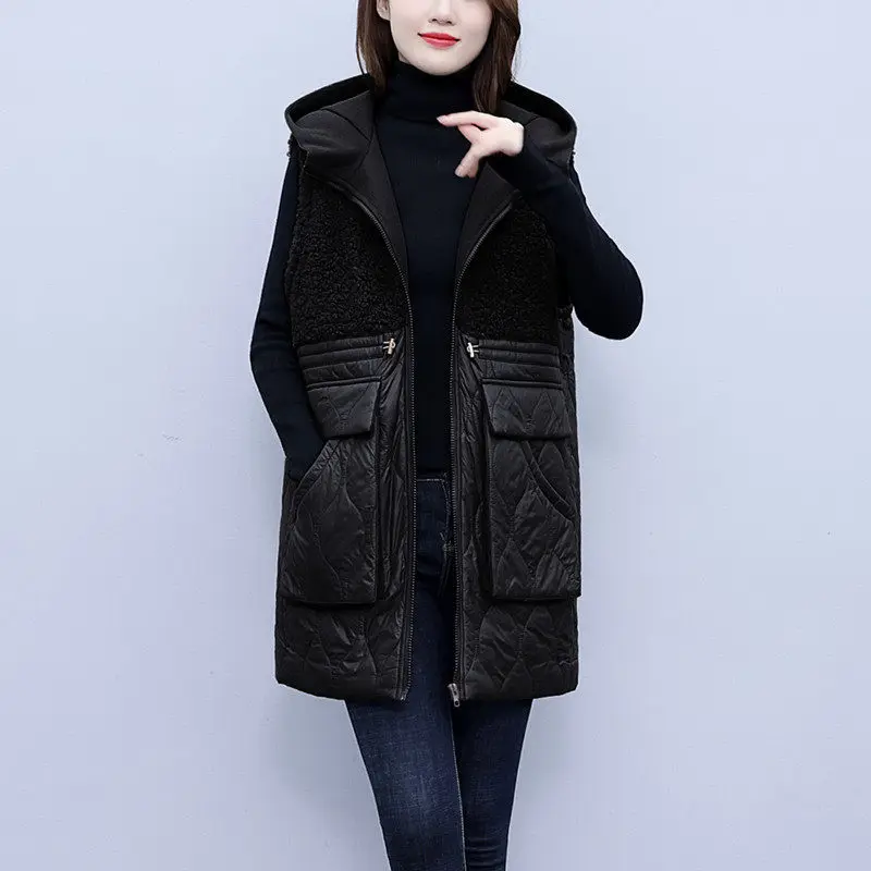 Large Size Vest Cotton Jacket 2022 Winter Women\'s Lamb Wool Splicing Fashion Warm Quilted Coat Hooded Sleeveless Waistcoat T860