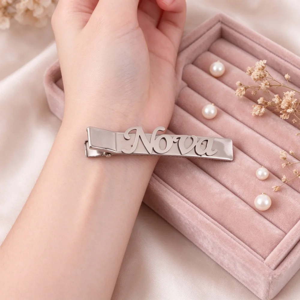 Custom Name Hair Clip for Women Stainless Steel Bangs Barrette Personalized Nameplate Multiple Font Elegant Anniversary Gift