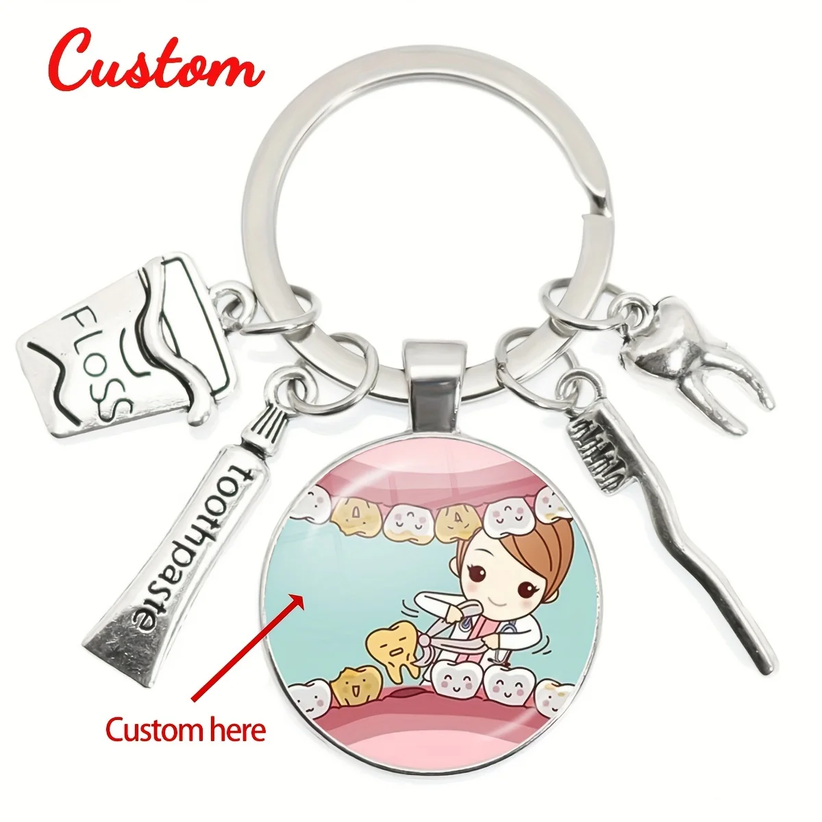 Custom Tooth Gem Keychain with Toothbrush Toothpaste Dental Charms, Alloy Circular Bag Pendant, Birthday Gift for Women, Fashion