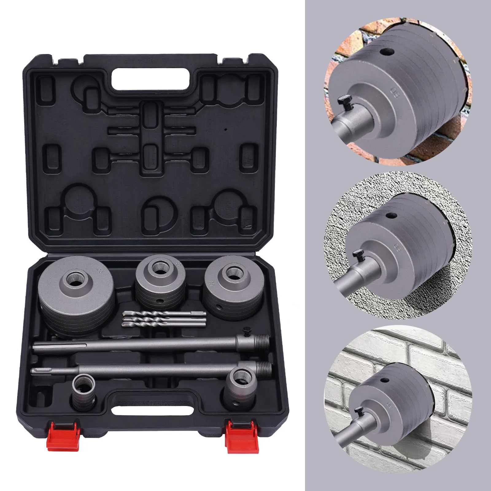 9PCS Concrete Drill Bits Set Ø30/40/68/80/100mm +SDS-Plus Adapter Hole Saw Drill Bit SDS-Plus Adapter with Case