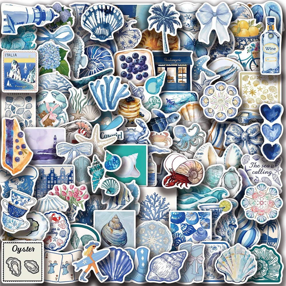 10/30/50/100pcs Cute Ins Style Blue Ocean Coast Stickers Creative Pattern Decals DIY Luggage Water Bottle Phone Sticker Packing