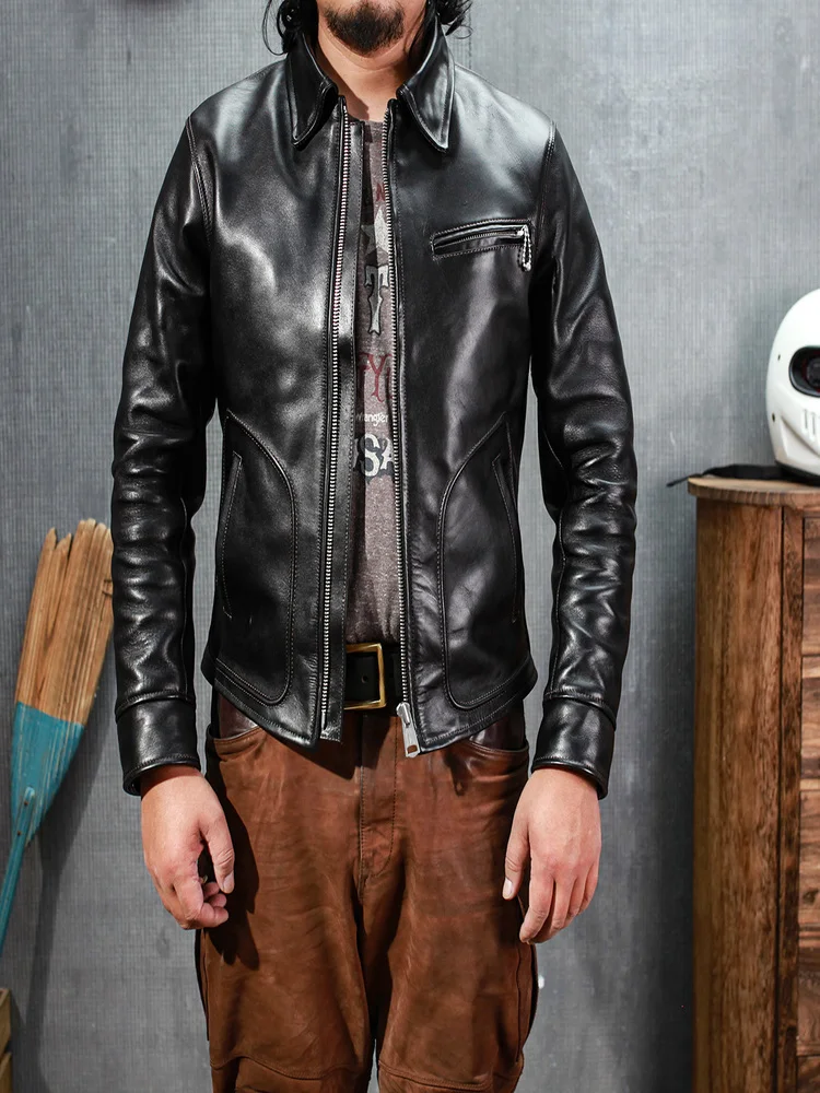 

SDC1580 Asian Size Men's Slim Vintage Genuine Italian Tuscany Veg Tanned Cow Leather Storm Rider Jacket