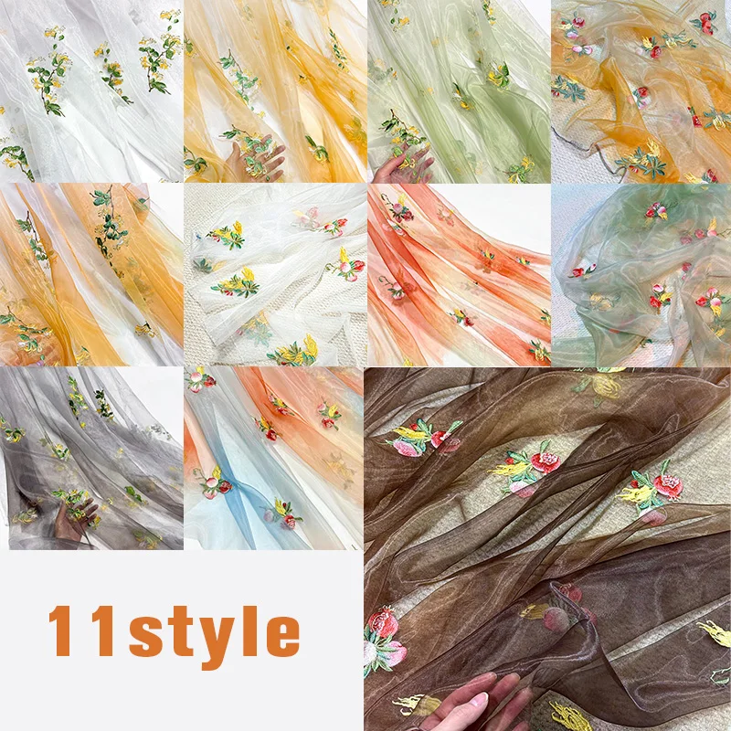 100x150cm Blumenstickerei-Material Farbverlauf Sanfter Chiffon-Stoff Transparenter Hanfu-Stoff Nähen DIY Kleid Bühnenbekleidung Neu – Detail 1