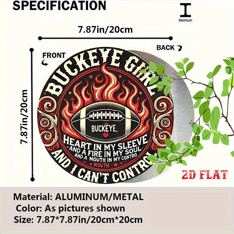 2D Flat, 1pc Buckeye Girl 2D Flat Aluminum Metal Tin Sign - Fire-Themed Round Wall Art with Heart Slogan, 7.87x7.87 Inch Rustic