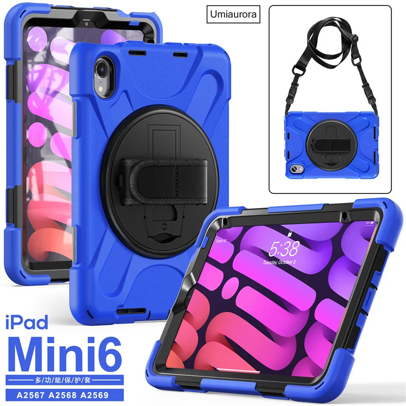 For IPad Mini 6 7 Mini 7th Gen 8.3 inch A17 Pro 2024 Tablet Funda Heavy Duty Rugged Silicon PC Stand Strap Shockproof Case Cover