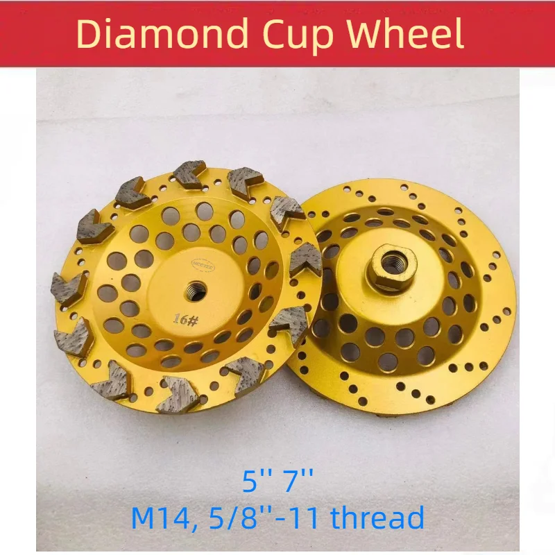 

[M14 5/8''-11 Thread] 5'' 7'' Diamond Arrow tooth wheel floor grinding cup Wheels | 125 180mm Concrete grind polishing discs