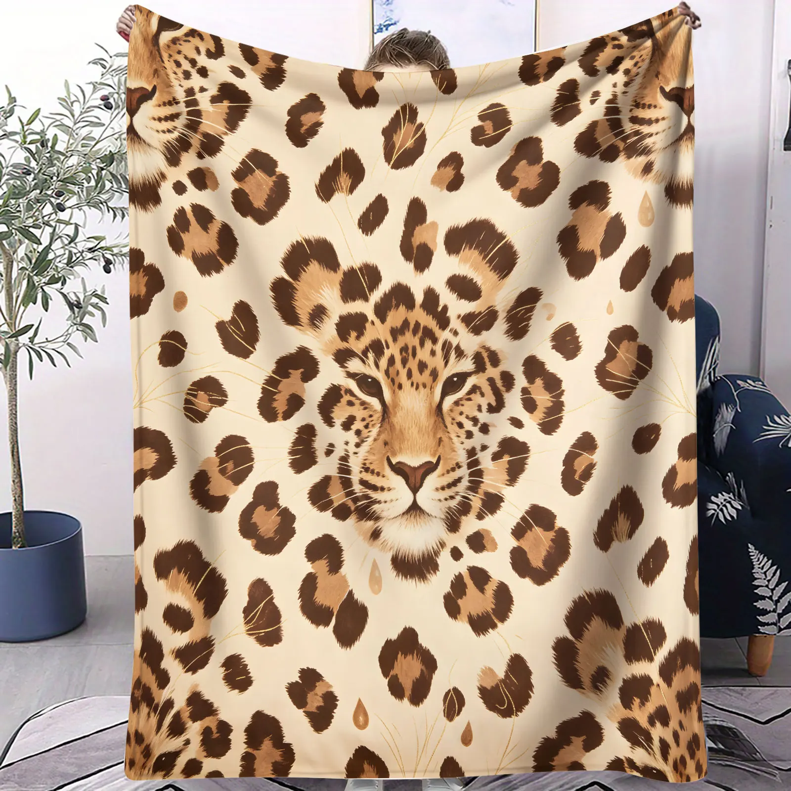 Leopard Head Print Flannel Throw Blanket Ultra Soft Plush Warm Blanket for Sofa Bed Couch Car Camping Home Decor Fleece Blanket
