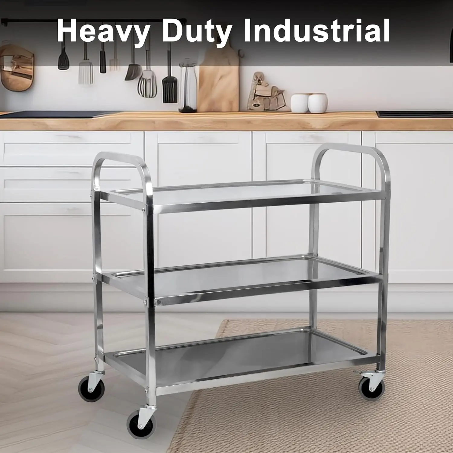 3 Shelf Stainless Steel Cart Heavy Duty Industrial Serving cart with 360°Rotation Wheels Kitchen Island Stainless Steel Storage