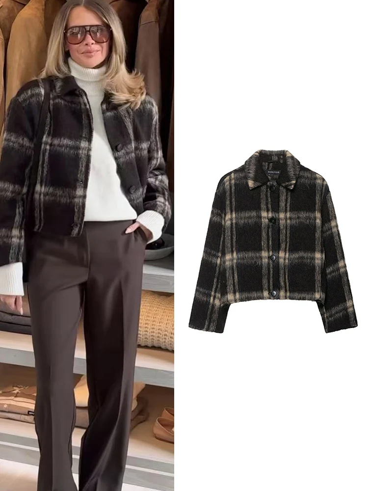 

TFMLN женская короткая куртка с длинным рукавом в клетку, повседневная куртка с лацканами, классическая клетчатая модная верхняя одежда, новинка осени 2023 г.