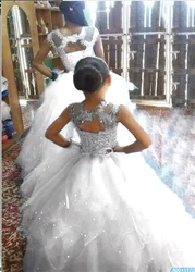 Sparkly Toddler Kids Tiered Tulle White Flower Girl Dress Pageant Dresses for Girls Sequined Lace Wedding Communion Party Gowns