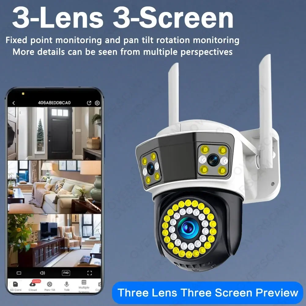 6K 12MP WiFi Camera Triple Screen Triple Lens Security Mobile Body Detection Outdoor Auto Tracking IP CCTV Survalance Yoosee APP