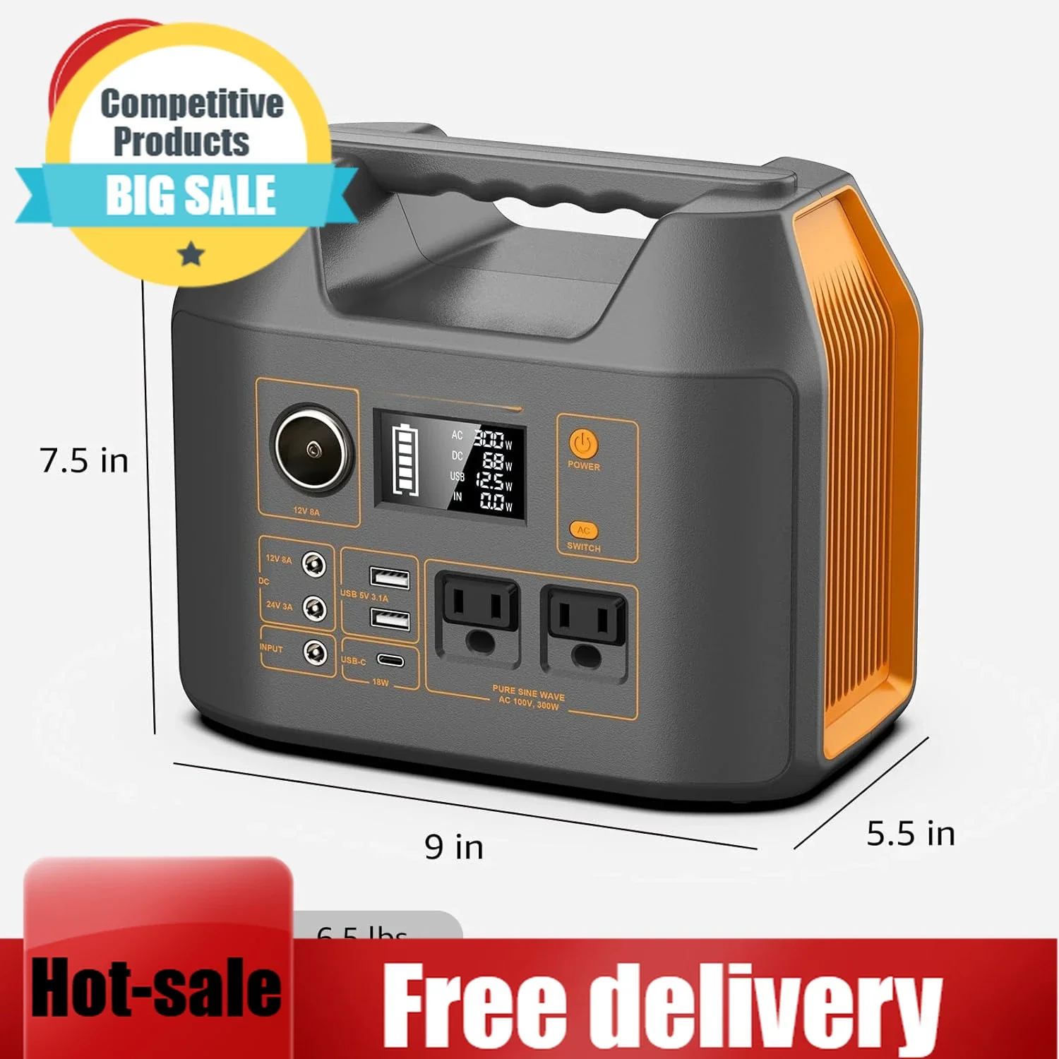 

Home Backup-300W Solar Generator 110V 296Wh Power Bank Two Pure Sine Wave AC Outlet 80000mAh Lithium Battery Pack