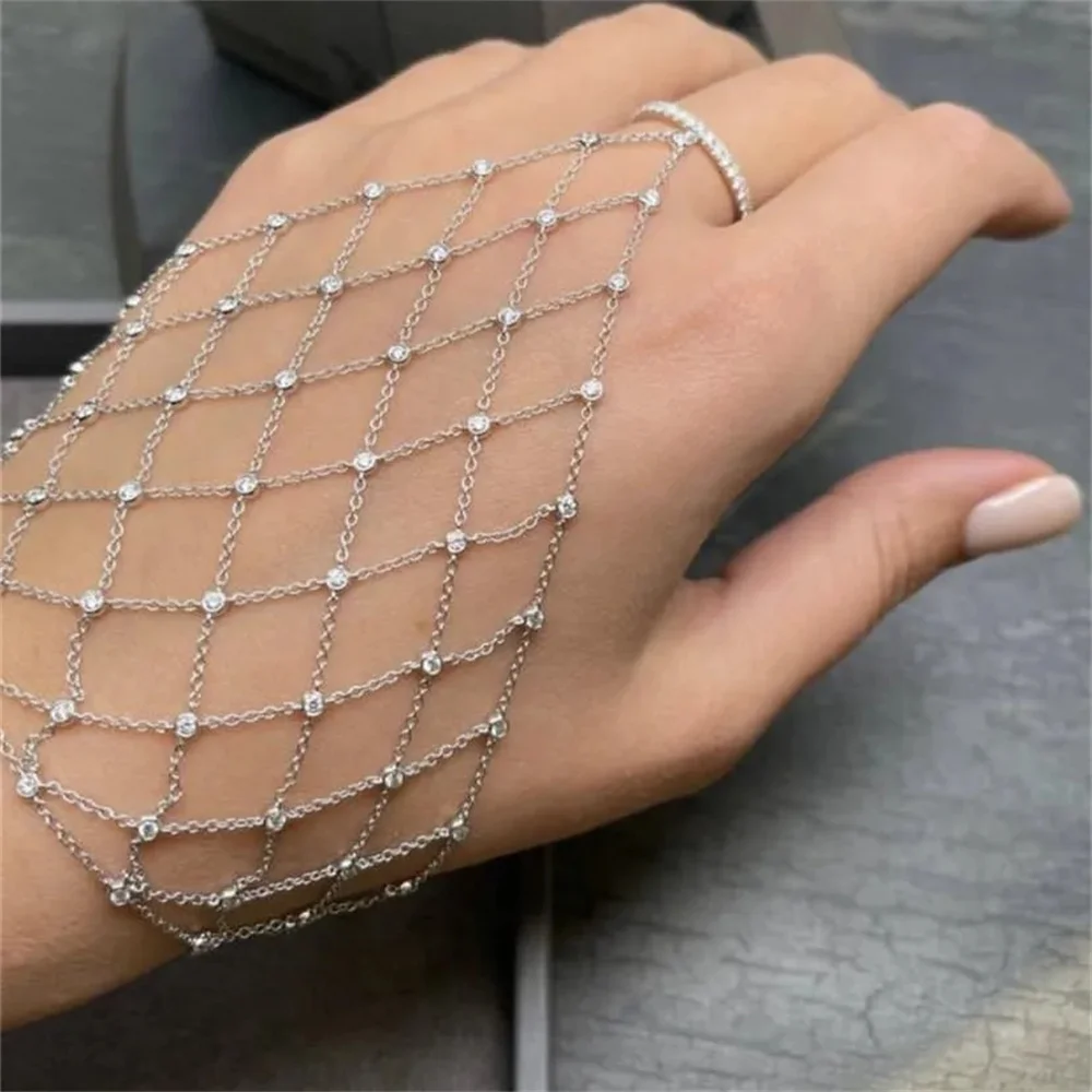 Mesh Hollow 925 Sterling Silver Bracelet One Piece Link Finger Charm for Women Gold Zircon Crystal Wedding Party Jewelry