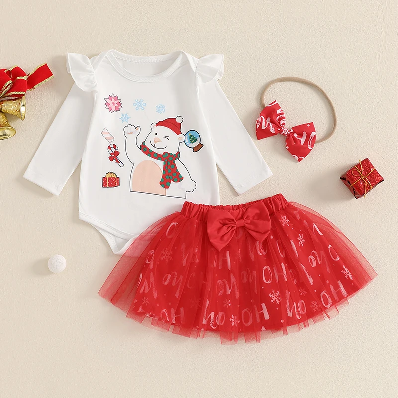 Baby Girls Christmas Outfits with Bow Headband Bear Pattern Crew Neck Long Sleeve Fall Infant Romper and Skirt Sets