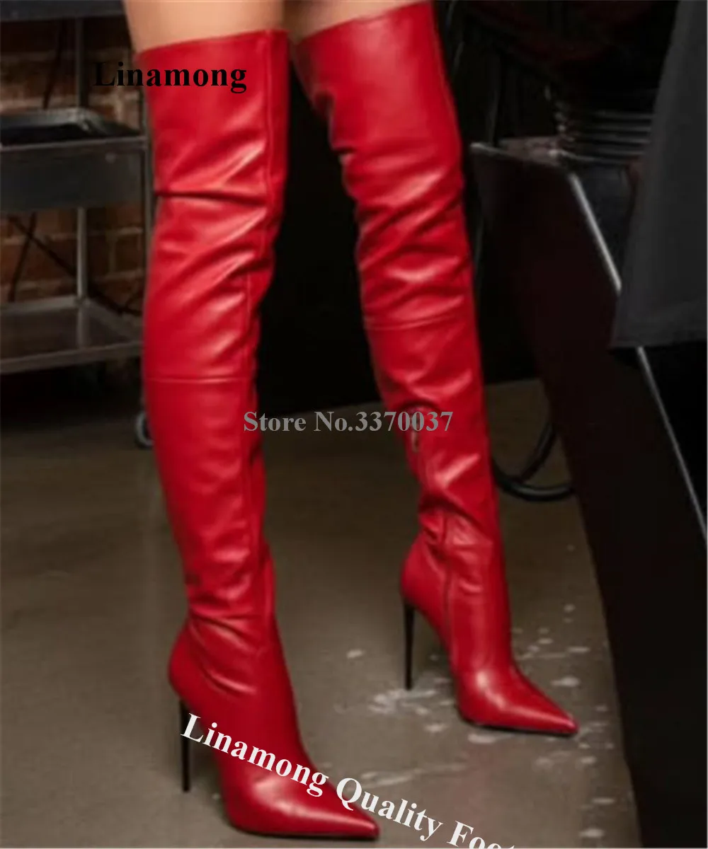 

Linamong Slim Style Red Patchwork Black Stiletto Heel Over Knee Boots Sexy Pointed Toe Thin Heel Long Boots Big Size Heels