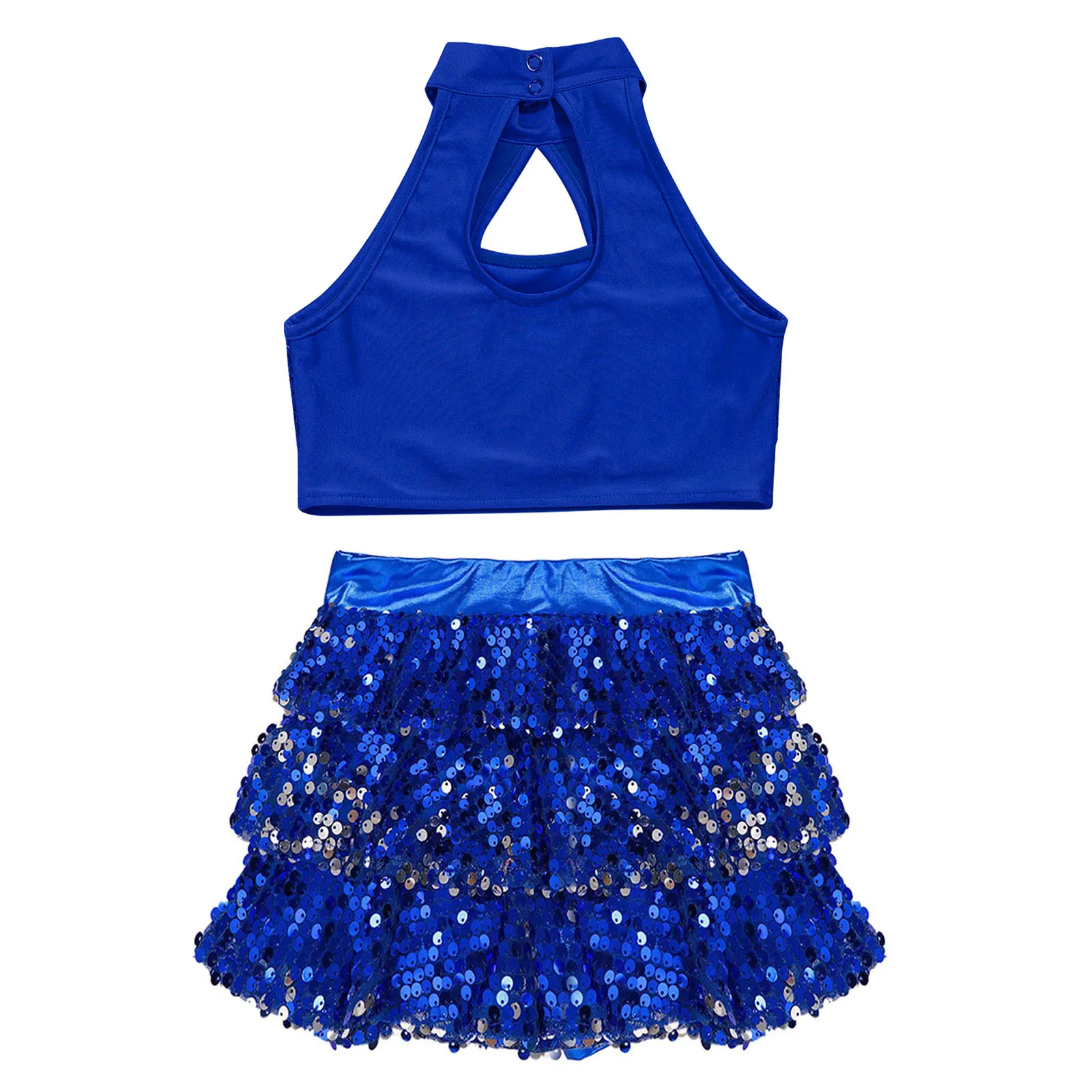 Big Girls Modern Jazz Latin Ballet Dance Costume Outfit Shiny Sequined Crop Top with Tiered Ruffle Skirted Shorts Dancewear Sets