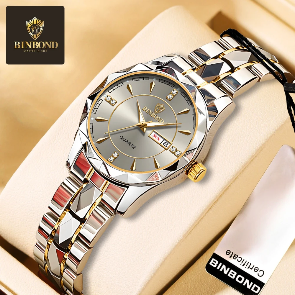 

BINBOND 5552 New Trendy Business Style Women's Watch Fashion Waterproof Week Calendar Steel Strip Quartz Watches for Woman Reloj