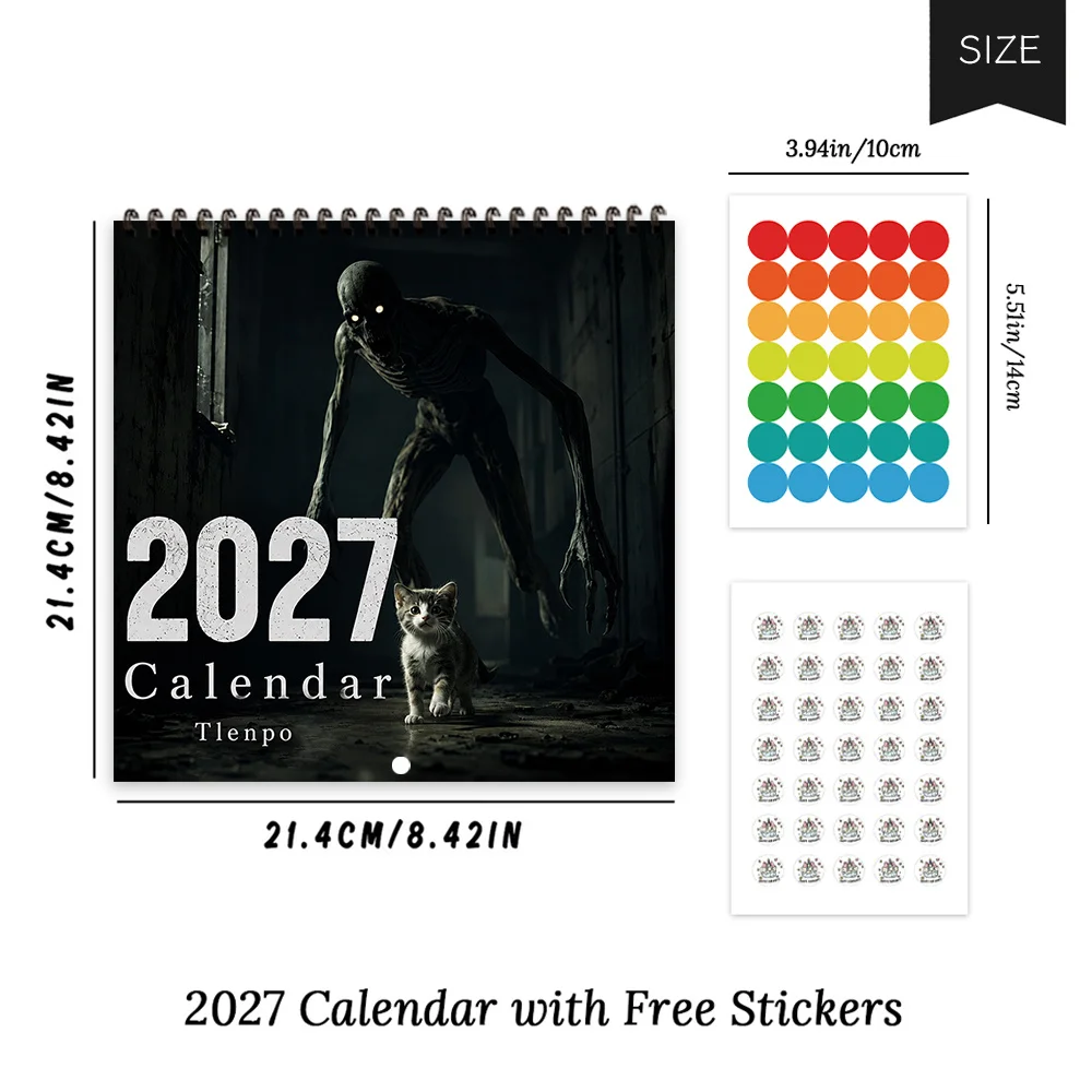 1pc 2027 Dark Gothic Horror Wall Calendar,12‑Month Planner,Gift For Back‑to‑School,Christmas,New Year,Free Stickers Included