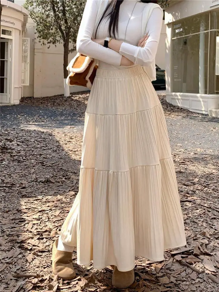 

Korean Fashion Women Black Beige Vacation Pleated Long Skirt Autumn Grey High Waist Slim Party A-line Skirt Clothes Casual Trend
