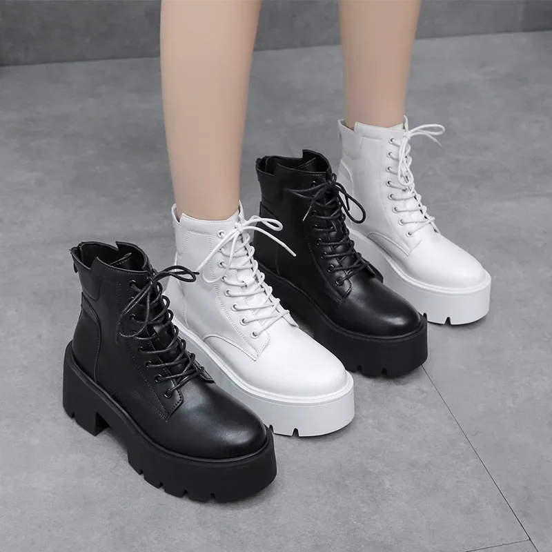

Women Ankle Boots Fashion Casual High Top Boots High Quality Leather Short Boots for Women Lace Up Platform Boot Bottines Femmes