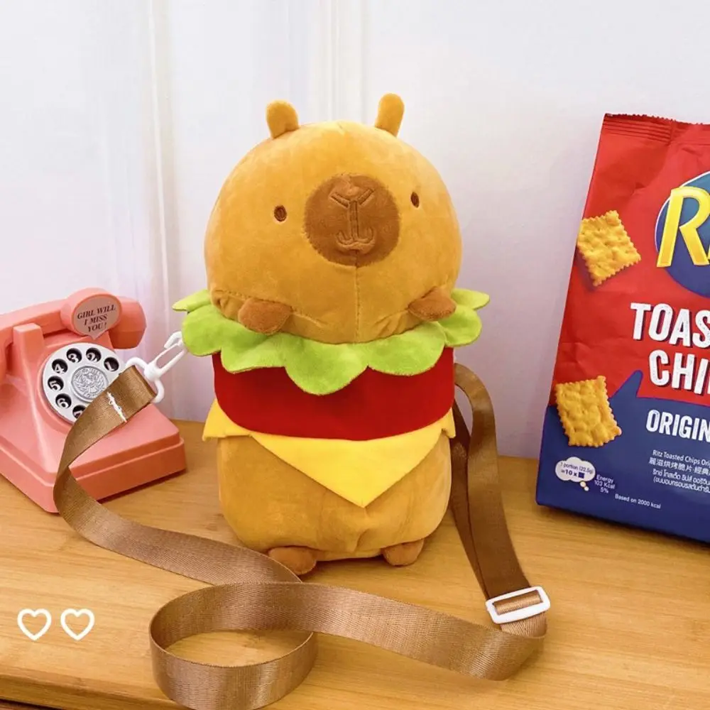 Bolsa de felpa de hamburguesa y capibara con animales japoneses, muñeca de peluche, bolso de hombro portátil de dibujos animados, bolso cruzado suave y bonito para estudiantes, bolso de viaje