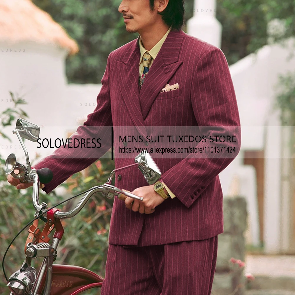 Men's Suits 2 Pieces Pinstripe Peaked Lapel Double Breasted Men Suits For Wedding （Blazer+Pants）