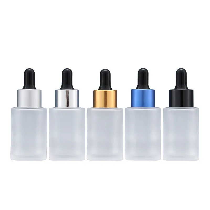 15pcs Empty Essential Oil Frost Glass Dropper Electrochemical Aluminum Ring Black Top 30ml Essence Liquid Refillable Bottles