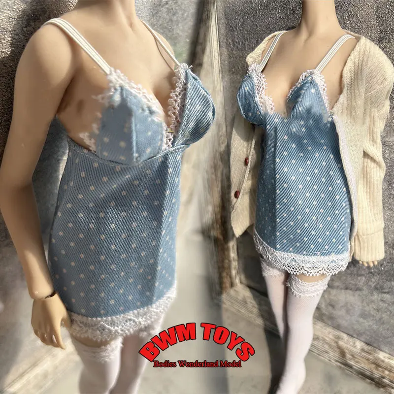 

In Stock 1/6 Scale Female Soldier Elastic Suspender Blue Polka Dot Nightgown Long Cardigan Jacket For 12inch Action Figure Doll