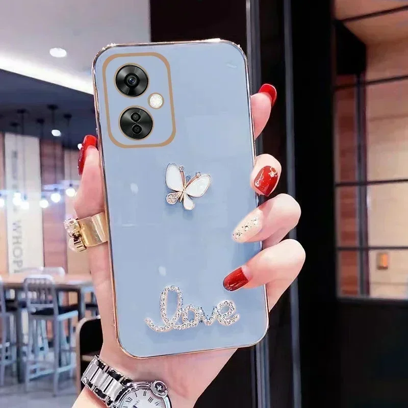 เคสโทรศัพท์หรูหราสําหรับ OnePlus Nord CE 3 Lite N30 5G Bling รักผีเสื้อชุบเลนส์กล้องป้องกันซิลิโคนอ่อนเต็มรูปแบบ