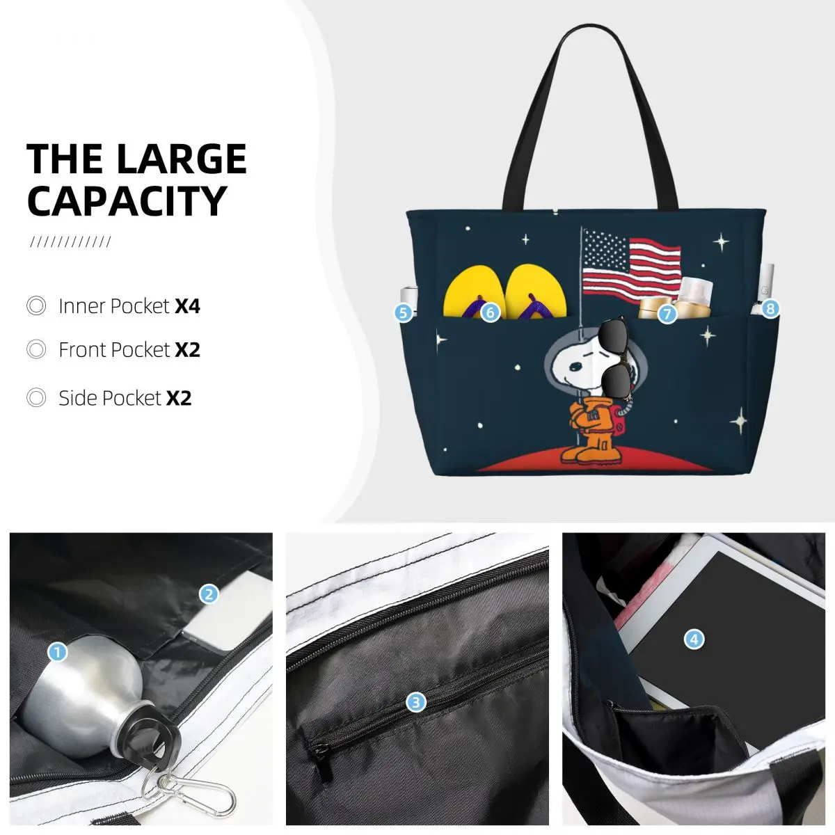 Niestandardowa torba plażowa American Astronaut Snoopy dla kobiet Beagle Dog Duża komora Gym Beach Travel Bags