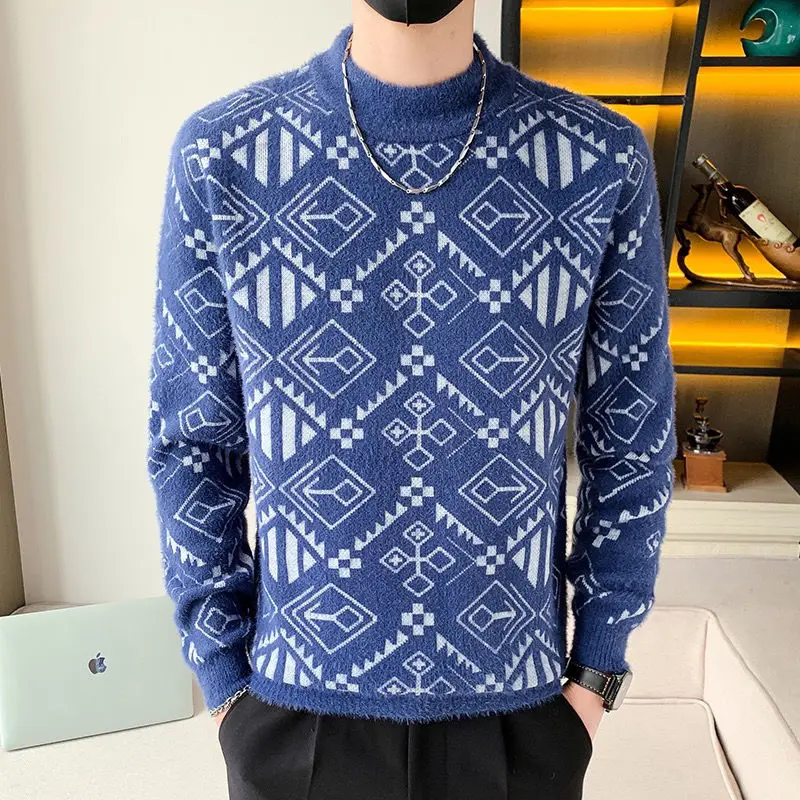 Men's Autumn Winter New Korean Slim Trendy Sweater Round Neck Standard Bottom Printed Long Sleeved Pullover Casual Knitted Tops