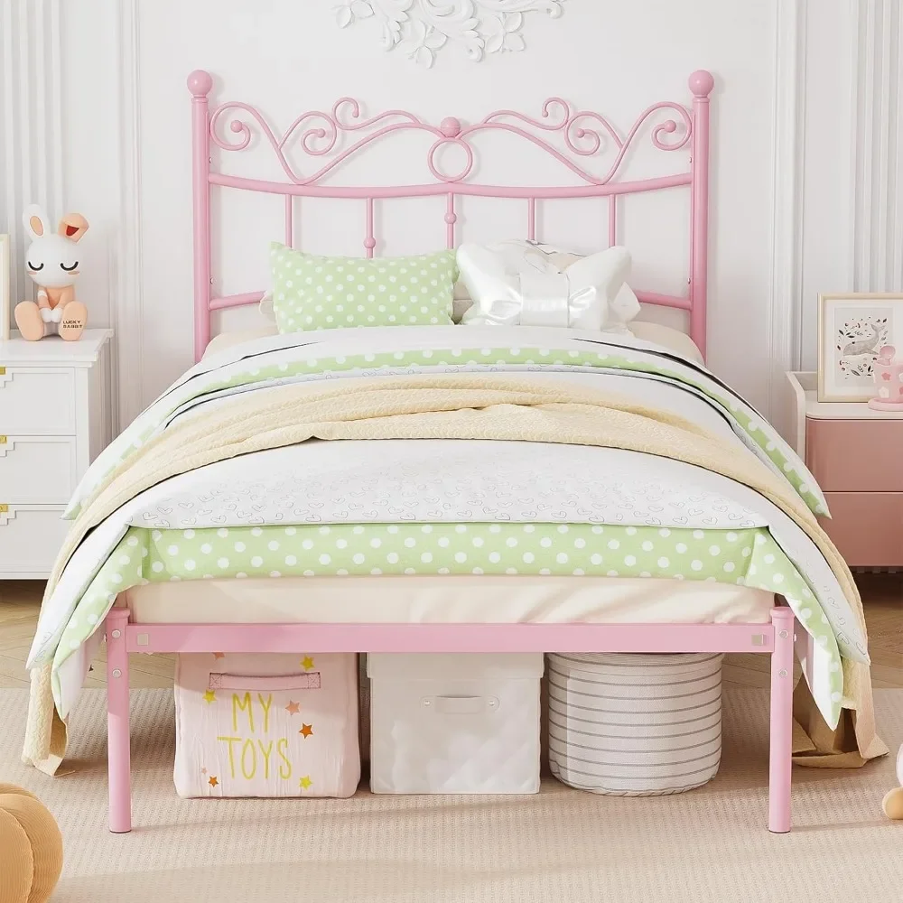 Twin Bed Frames with Headboard, Elegant Metal Pink Bed Frame for Kids Girls, Modern Heavy Duty Twin Size Platform Bed