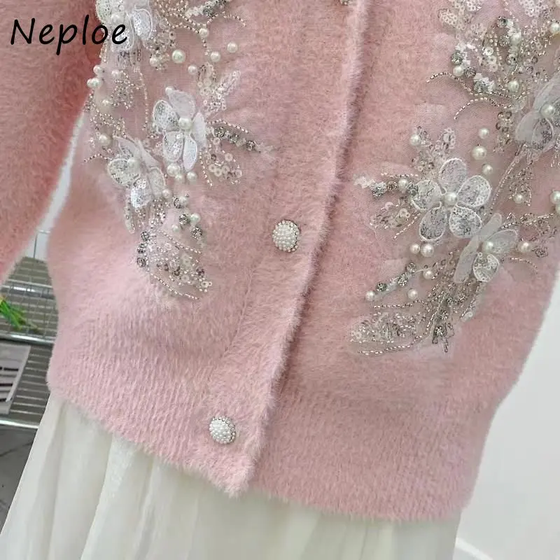 Neploe V Neck Solid Color Long Sleeve Outerwear Autumn Winter Vintage Sweater Jacket Beading Shiny Single-breasted Cardigan Y2k