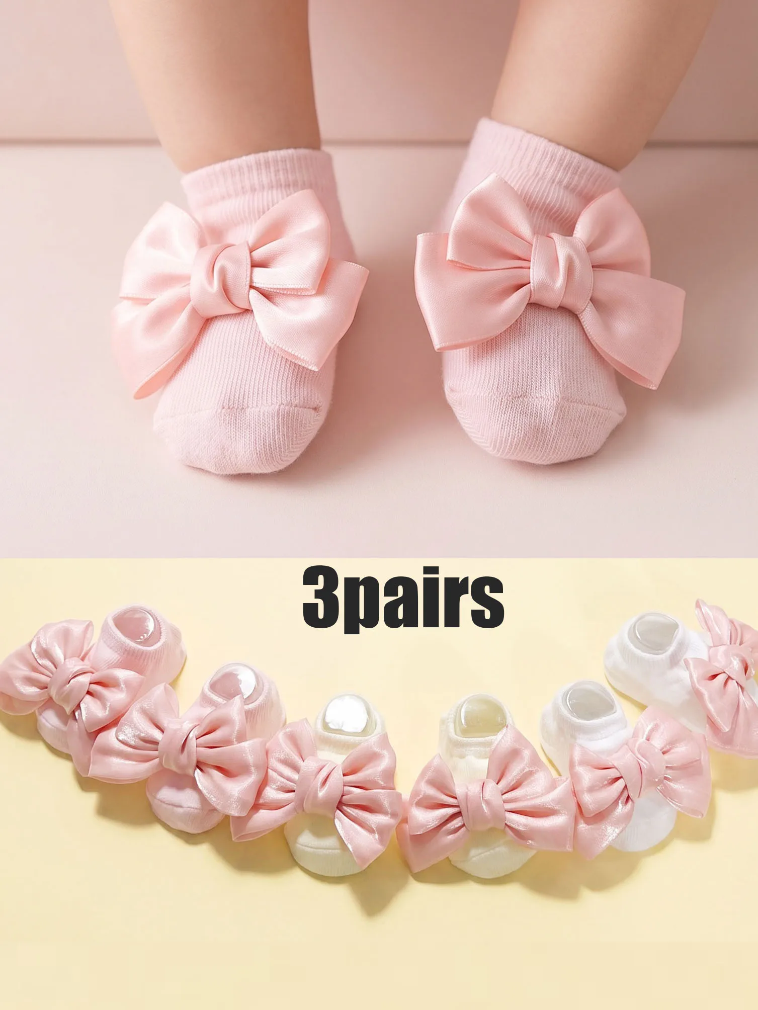 3Pairs 3‑12M Kids Satin Bow Ankle Socks Set, Unisex Boys Girls Multi‑Color Cotton Socks for All‑Season Daily Wear