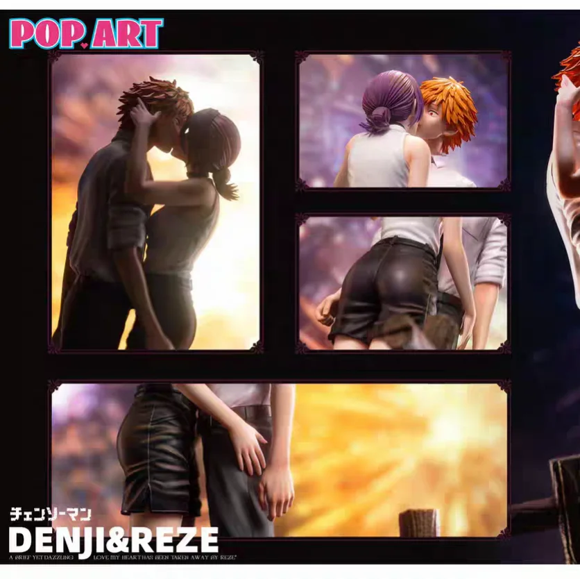 Chainsaw Man Denji Reze Figure Hug Kiss Pose Bring Base Statue 35cm Movable PVC Collectible Model Desk Decor Romantic Toy Gift