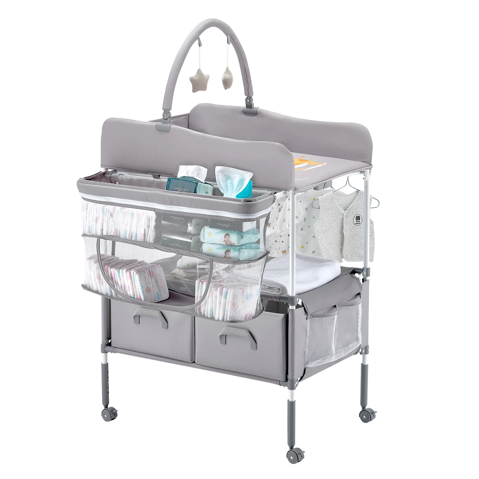 Baby Changing Table Foldable Diaper Change Station with 2 Fabric Drawers Side Basket & Hanging Rod Adjustable Height