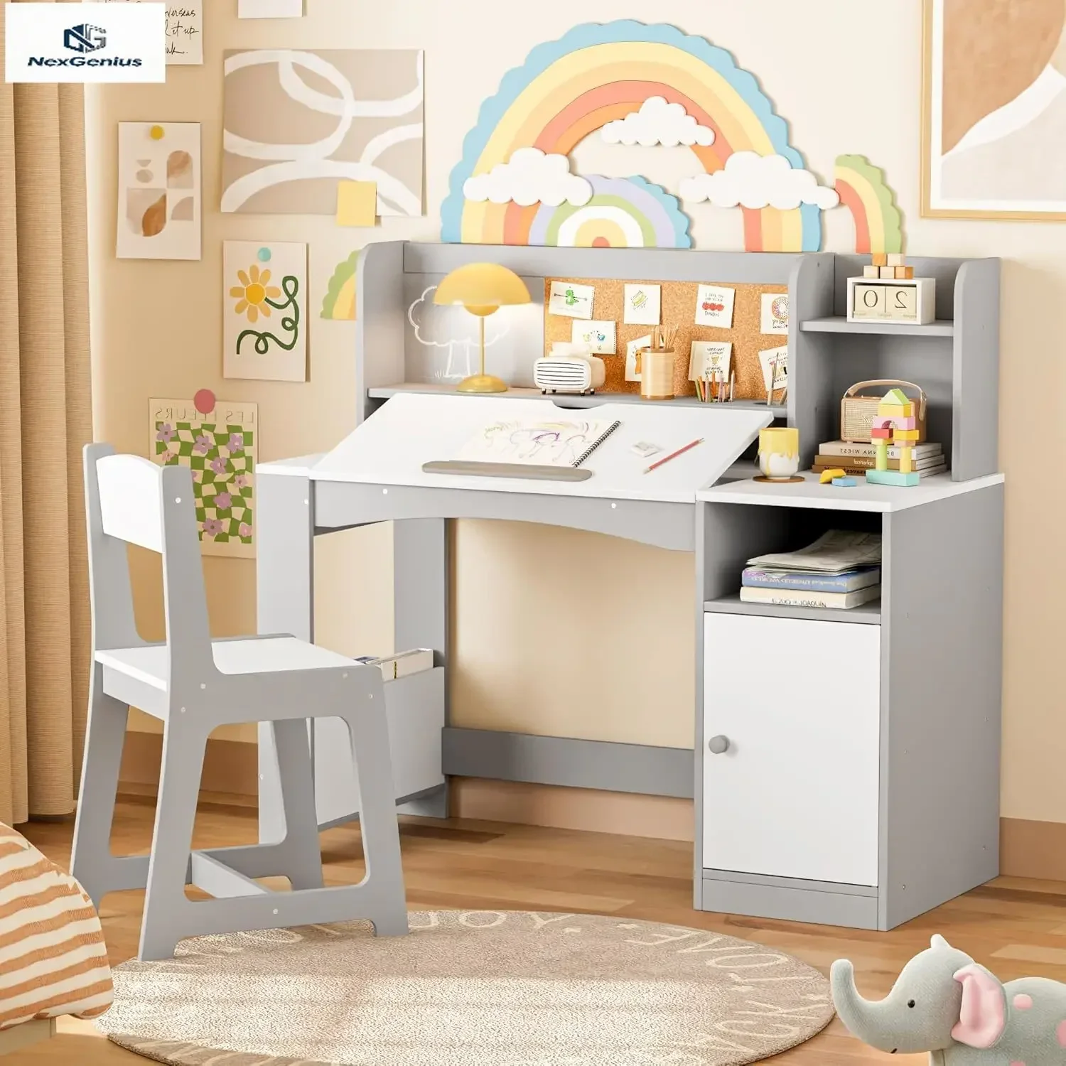 Kids Study Desk with Chair, Tiltable Desktop Kids Desk and Chair Set with Hutch Storage, Wooden Children Study Table for 5-12 Ye