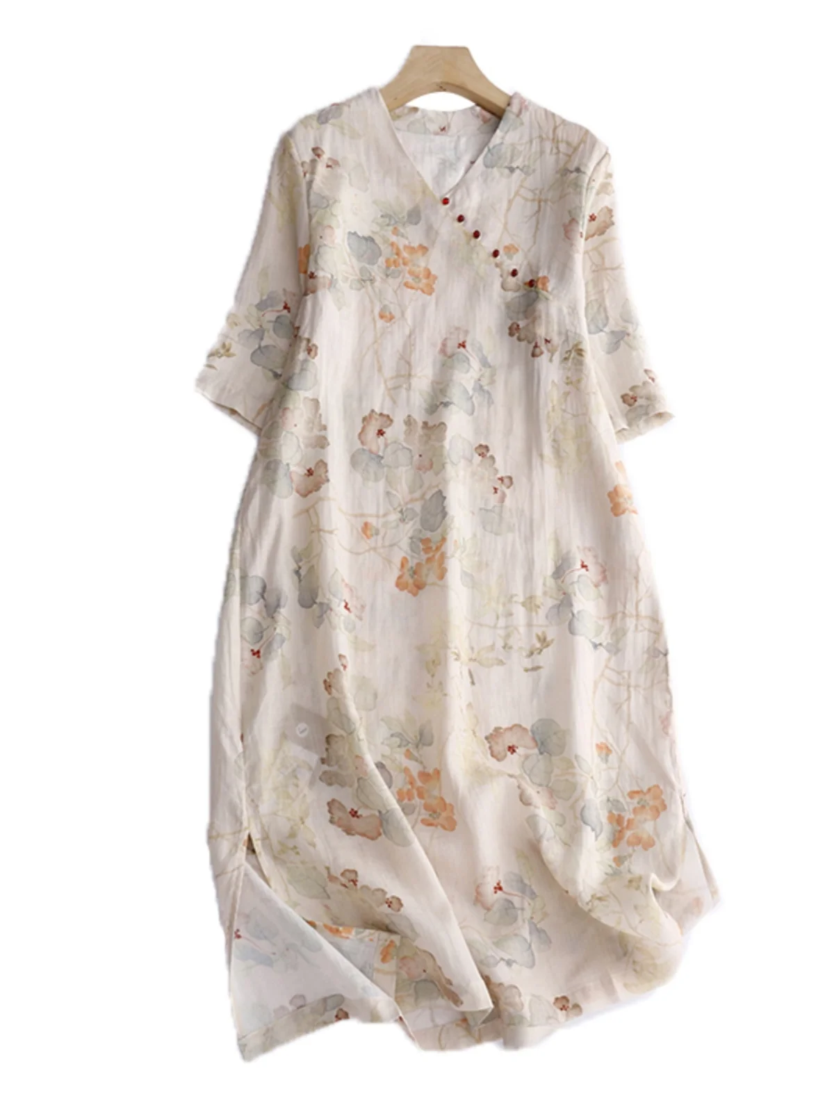 الرجعية الصينية Sle فضفاضة تناسب الخامس ن شق مطبوعة الكتان الدكتور زر اللؤلؤ الجانب زر f Sve ثوب الصيف ألف خط تنورة #5