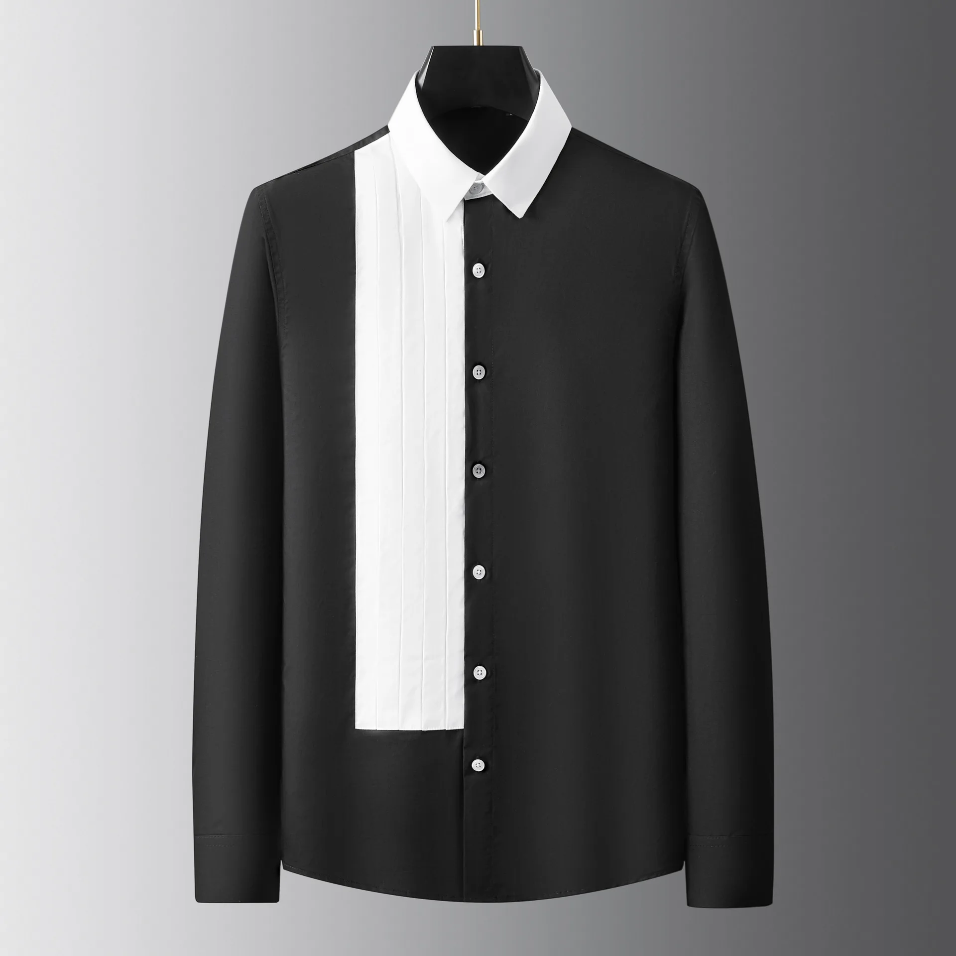

2026 Brand Handmade Pleated Shirt for Men Fashion Splicing Long Sleeve Casual Business Dress Shirt Social Party Men Clothing