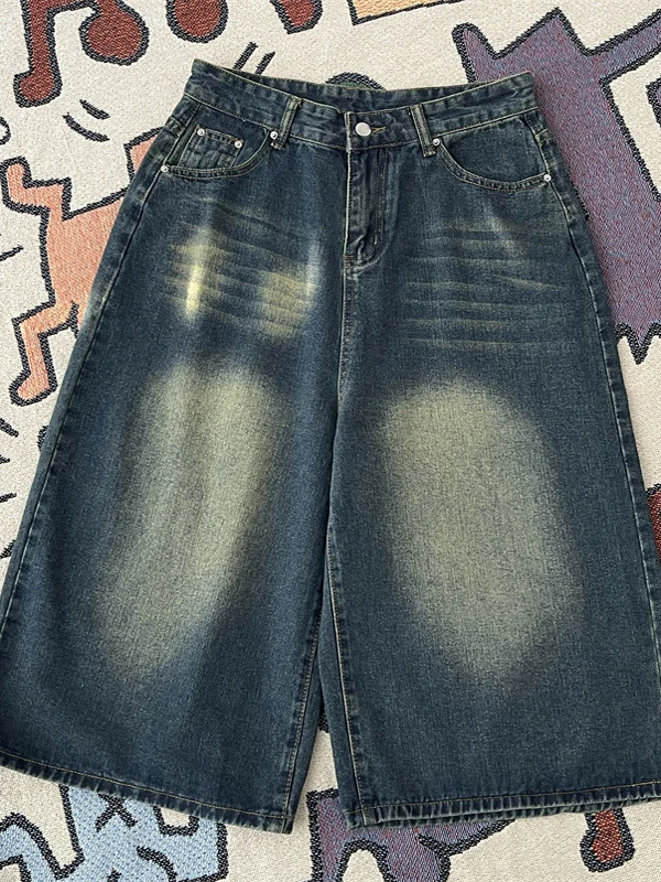 

Ретро джинсы с эффектом потертости, прямые широкие штанины, повседневные свободные джинсы со средней посадкой, молодежные летние джинсы, модный дизайн