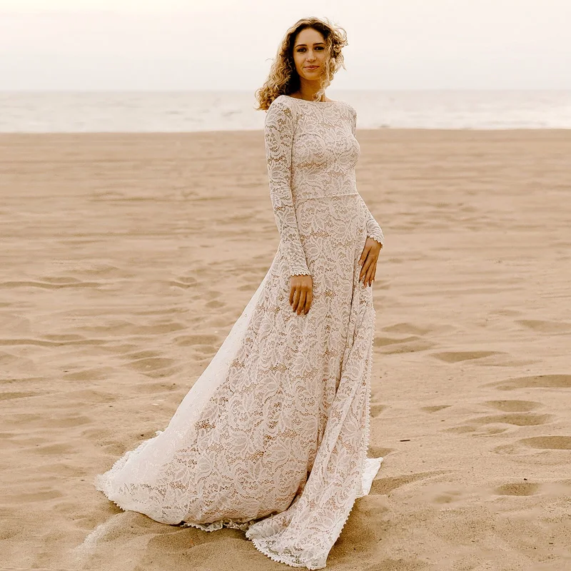 

Boho Wedding Dress 2024 Long Sleeve Slit Backless Lace Beach Bride Dresses Bohemian Bridal Gowns Vestido De Noiva