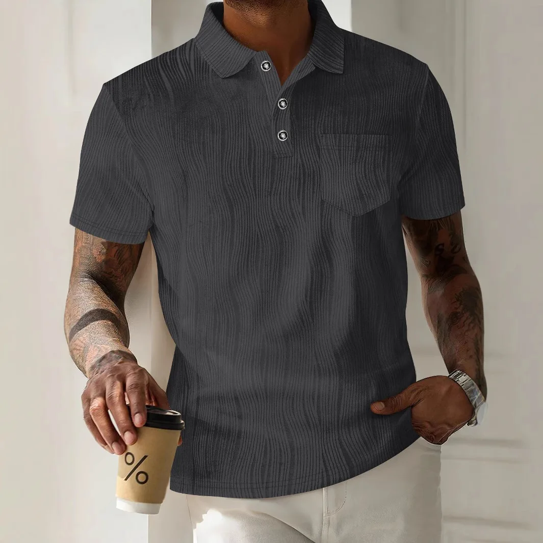 Summer men's striped breathable casual short-sleeved polo shirt with a collar, featuring pockets