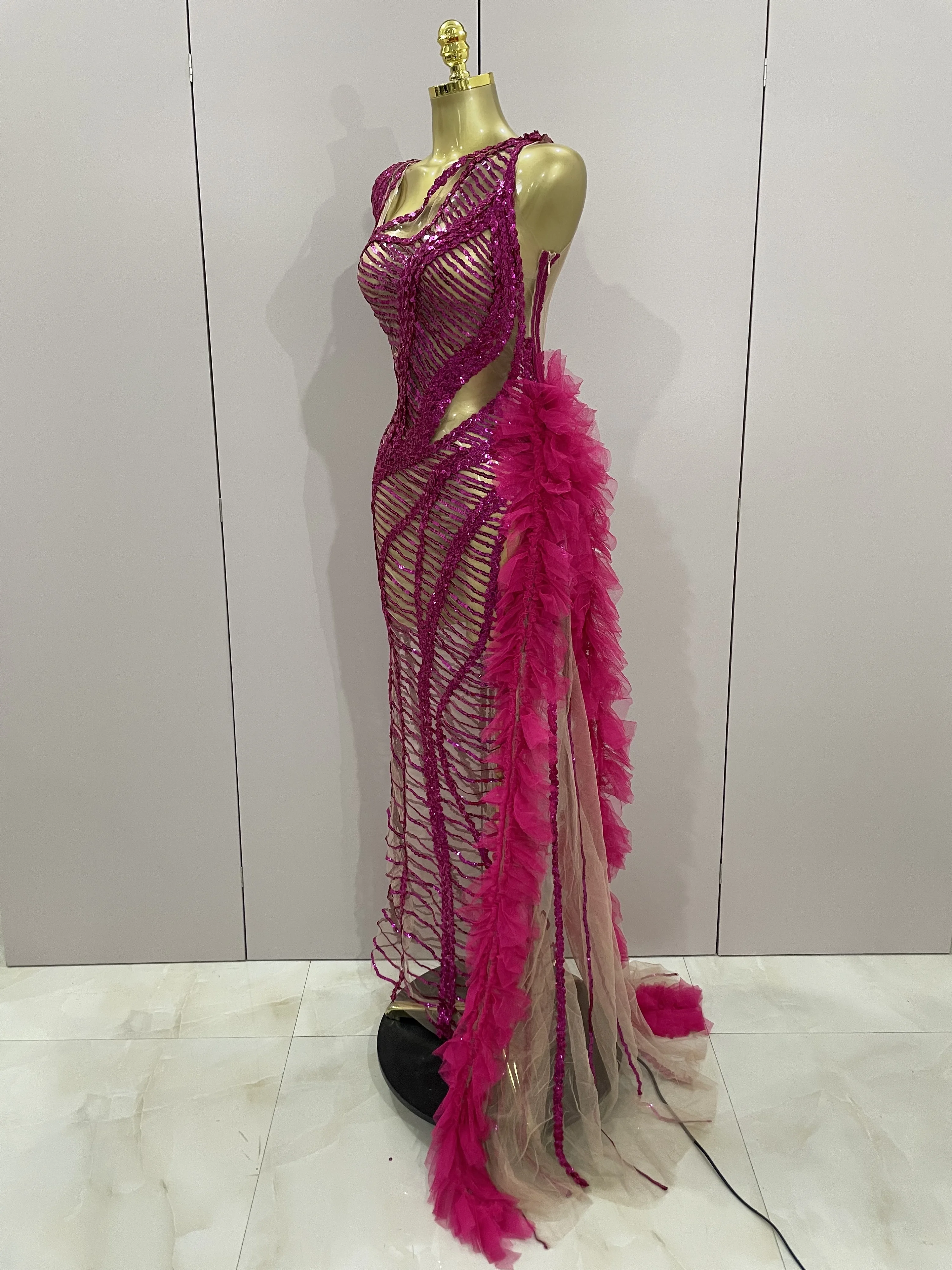 ประกายเลื่อมเซ็กซี่ตาข่ายซีทรูหางยาวชุดผู้หญิงงานแต่งงานฉลองชุดราตรีงานพรอมวันเกิดชุดไนท์คลับเครื่องแต่งกาย