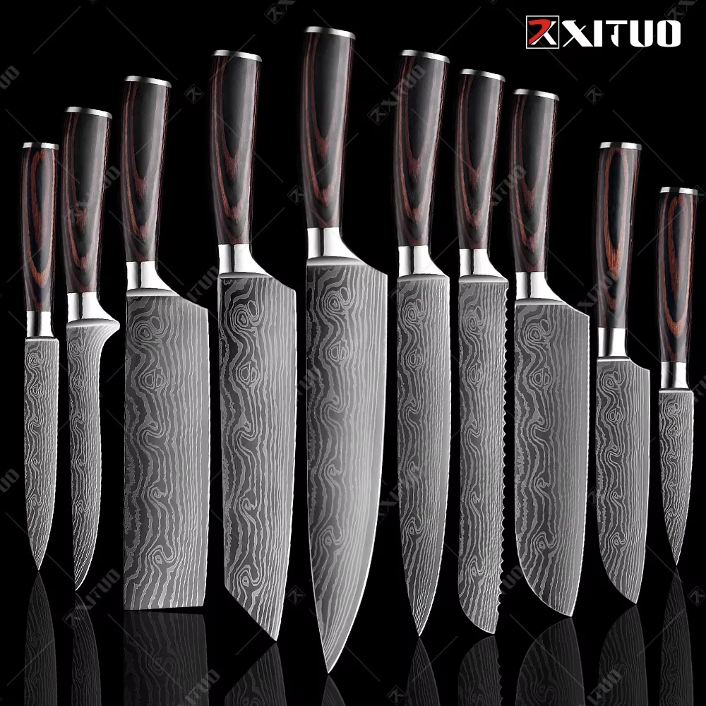 

XITUO Stainless Steel Chef Knife 1-10PCS knife Japanese Kiritsuke Santoku Knife Laser Damascus Pattern Cleaver Kitchen Knife Hot