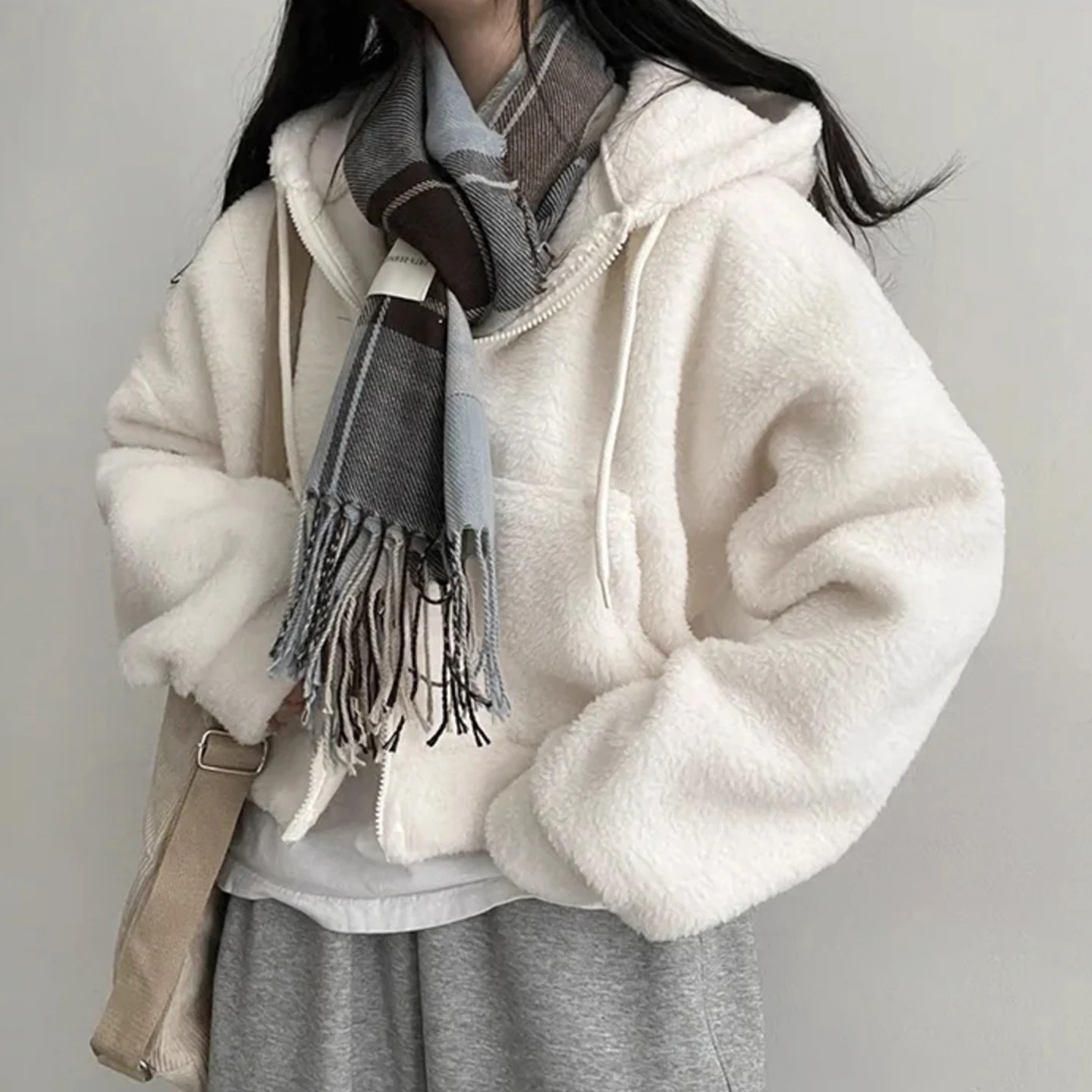 

Women's Furry Lamb Velvet Jaet Winter Thiened Warm Zipper Cotton Coat Korean Sle Loose Fit Long Sve Pure Color