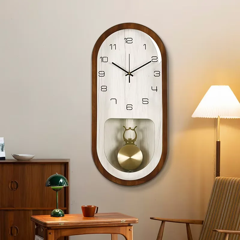 Zmusep 8039 Walnut Large Solid Wood 3D Quartz Silent Luxury Simple Wall Clock with Pendulum Light for Living Room