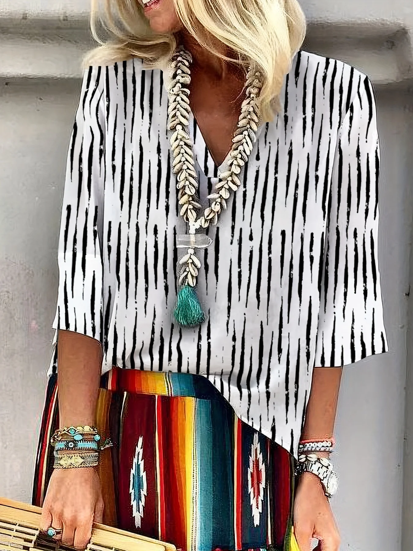 

Женская рубашка с геометрическим принтом в этническом стиле для отдыха в западном стиле, с рукавом три четверти