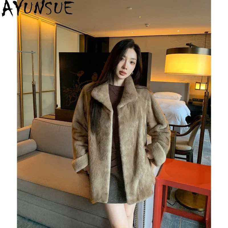 AYUSNUE Natural Mink Fur Coat Women Clothing Swan Velvet Elegant Winter Jacket Woman Loose Purple Label Шуба Натуральный Мех