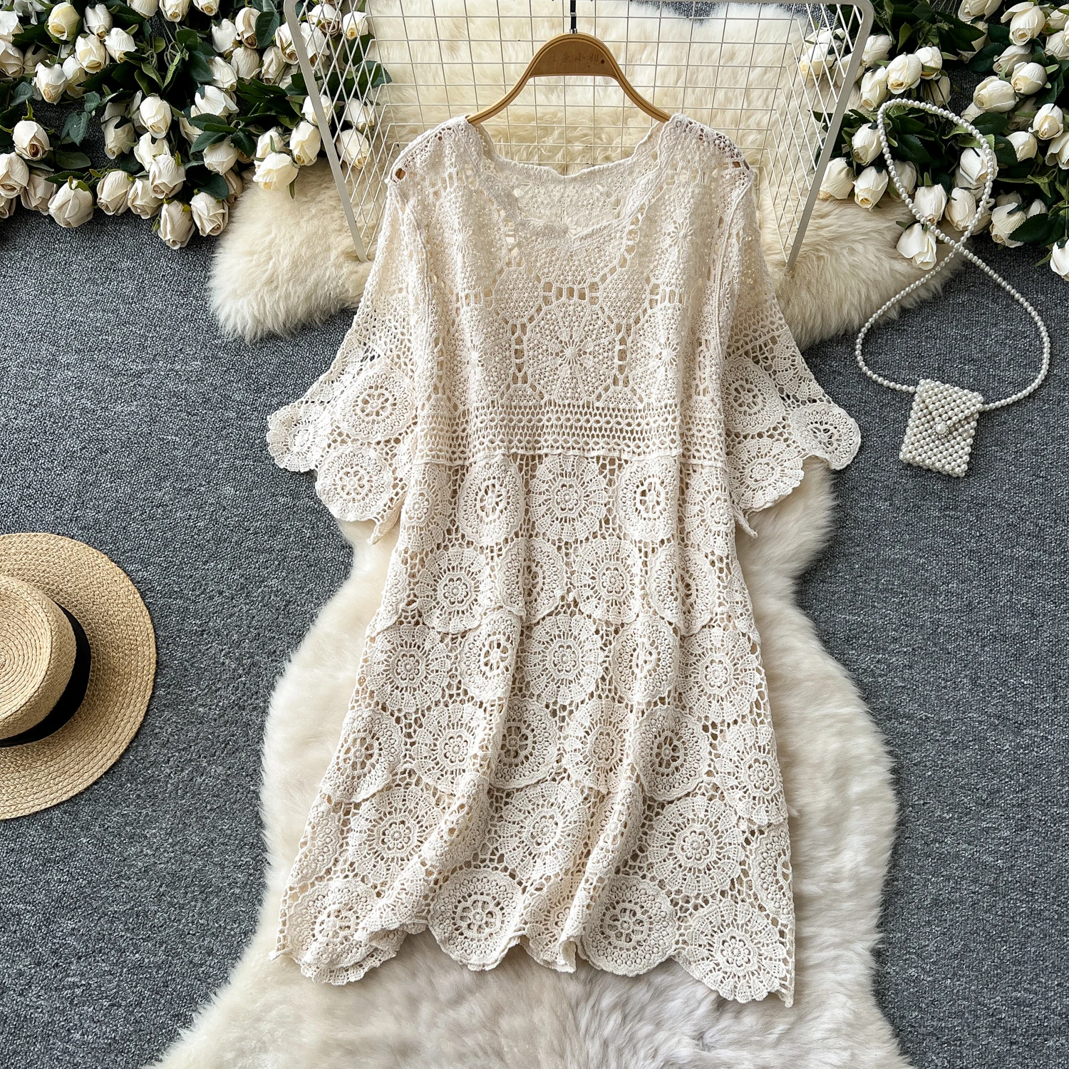 

2025 Spring and Autumn Seaside Vacation Hollow lace Crochet Knitted Dress Women's Bohemian Beach A-line Mid-length Dress